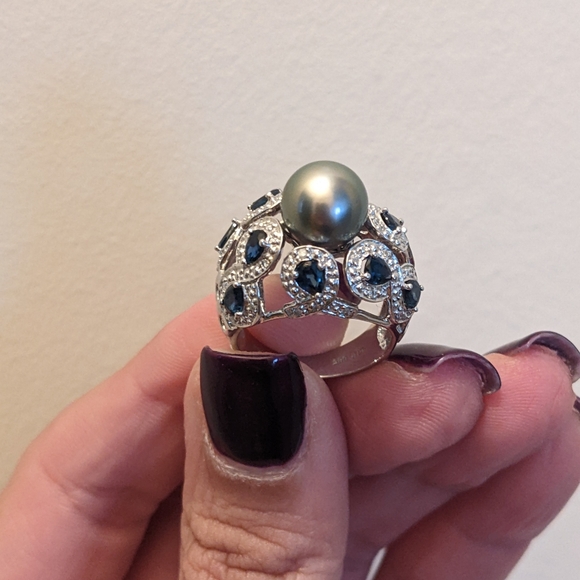 White gold pearl diamond sapphire ring sz7 - Picture 4 of 6